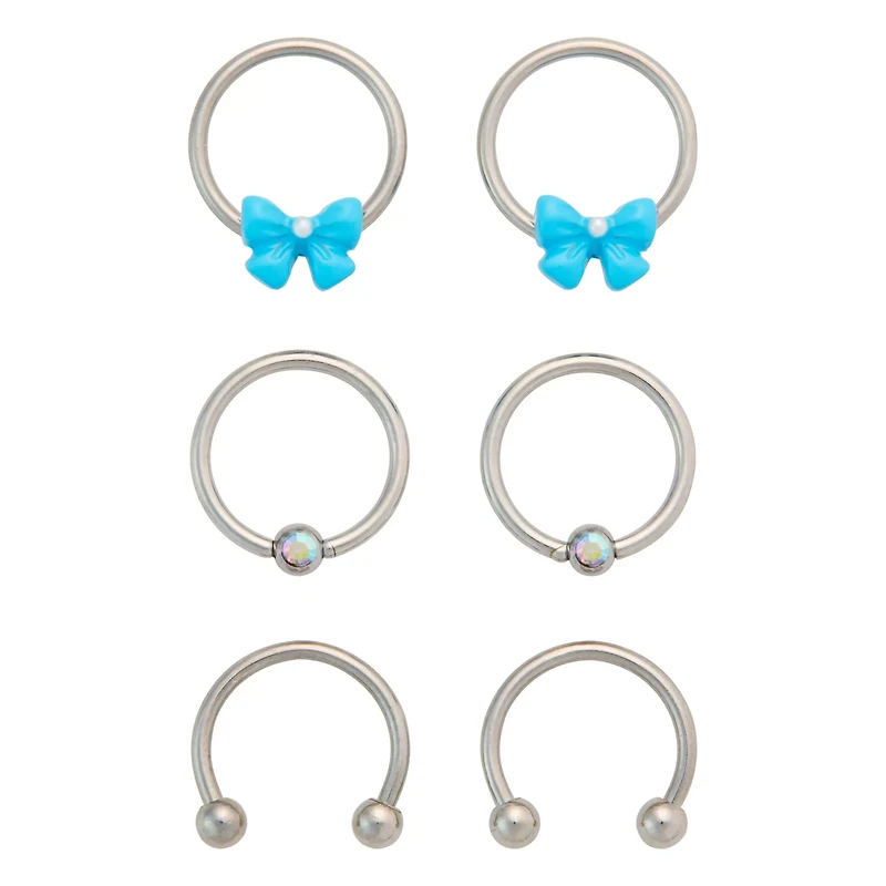 Multi-Pack Silvertone Bow Horseshoe and Captive Rings 16 Gauge - 3 Pair