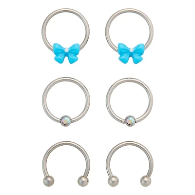 Multi-Pack Silvertone Bow Horseshoe and Captive Rings 16 Gauge - 3 Pair