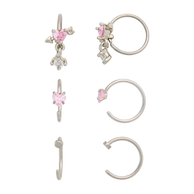 Multi-Pack Pink CZ Heart Dangle Nose Hoops 6 Pack - 20 Gauge