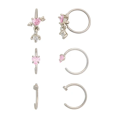 Multi-Pack Pink CZ Heart Dangle Nose Hoops 6 Pack - 20 Gauge