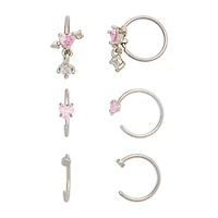 Multi-Pack Pink CZ Heart Dangle Nose Hoops 6 Pack - 20 Gauge
