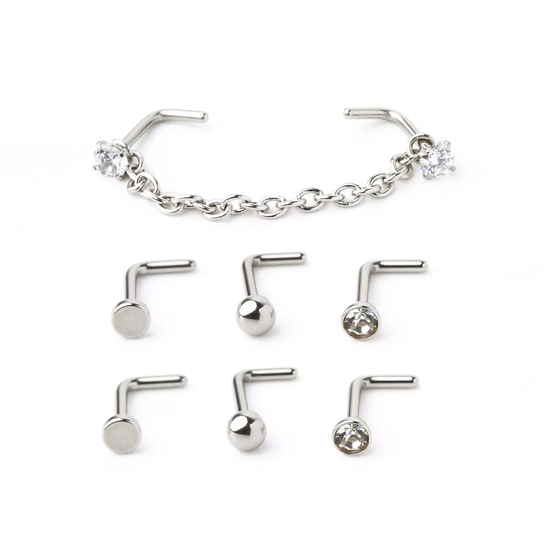 Multi-Pack Silver-Tone Chain and L-Bend Nose Rings 4 Pair