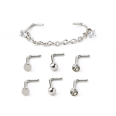 Multi-Pack Silver-Tone Chain and L-Bend Nose Rings 4 Pair
