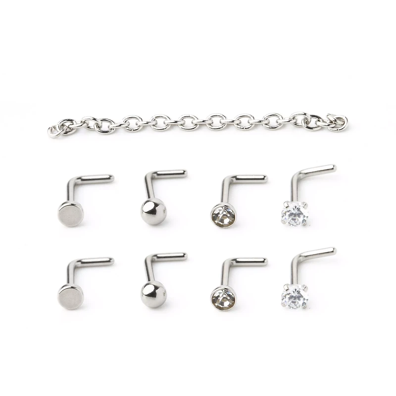 Multi-Pack Silver-Tone Chain and L-Bend Nose Rings 4 Pair