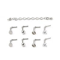 Multi-Pack Silver-Tone Chain and L-Bend Nose Rings 4 Pair