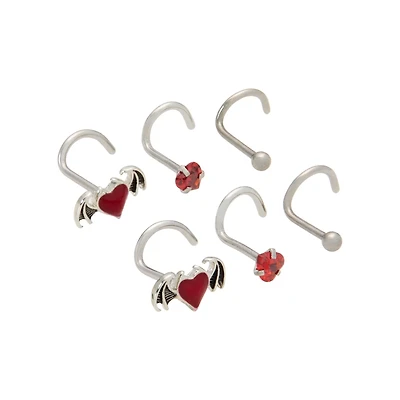 Multi-Pack Red CZ Demon Heart Nose Screws 6 Pack -  20 Gauge