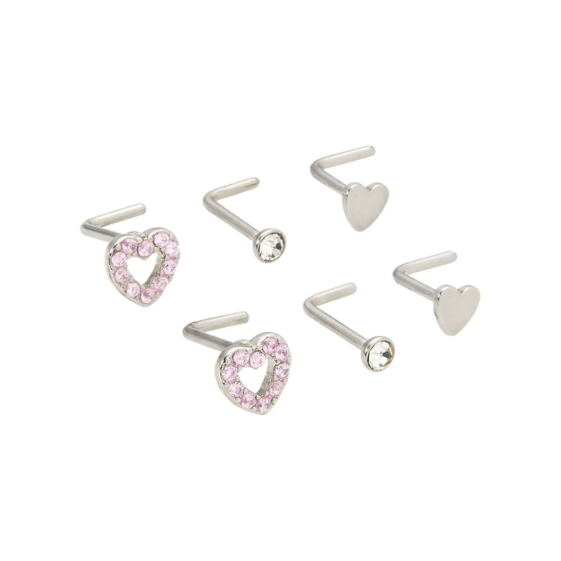 Multi-Pack Pink CZ Heart L-Bend Nose Pins 6 Pack - 20 Gauge