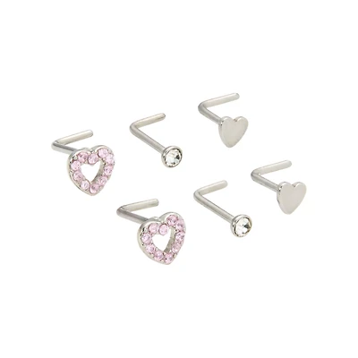 Multi-Pack Pink CZ Heart L-Bend Nose Pins 6 Pack - 20 Gauge