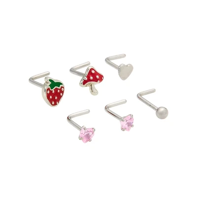 Multi-Pack Strawberry and Mushroom L-Bend Nose Pins 6 Pack - 20 Gauge