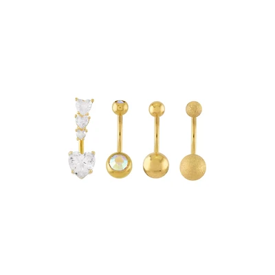 Multi-Pack 14K Gold CZ Heart Belly Rings 4 Pack - 14 Gauge