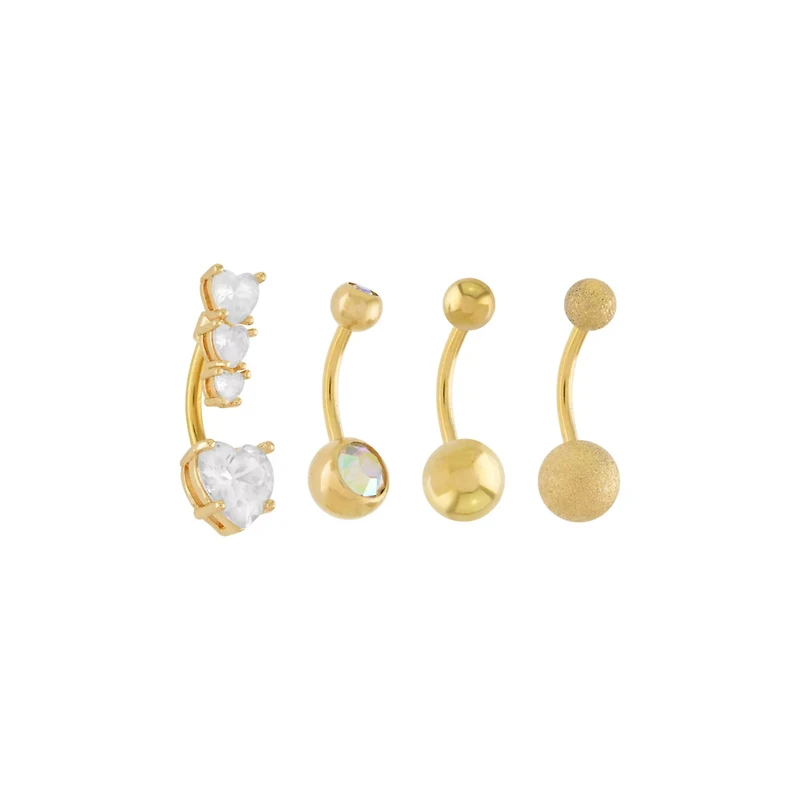 Multi-Pack 14K Gold-Plated CZ Heart Belly Rings 4 Pack - 14 Gauge