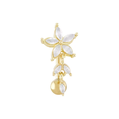 14K Gold-Plated CZ Flower Dangle Belly Ring - 14 Gauge