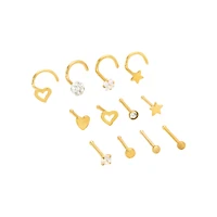 Multi-Pack CZ Goldtone Star Heart Nose Pins and Screw Rings 12 Pack - 20 Gauge