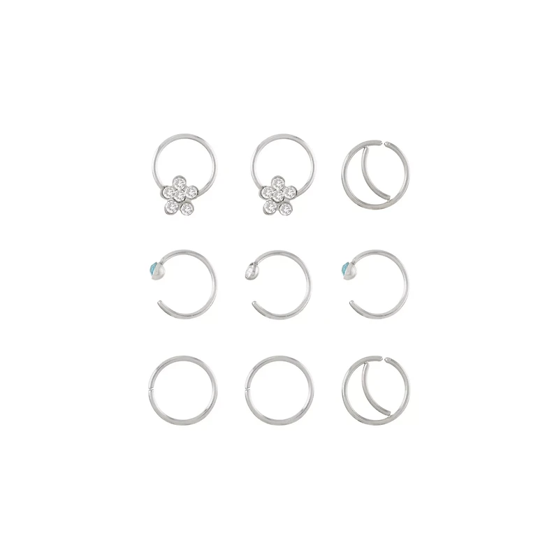 Multi-Pack CZ Silvertone Flower Hoop and Half Hoop Nose Rings 9 Pack - 20 Gauge