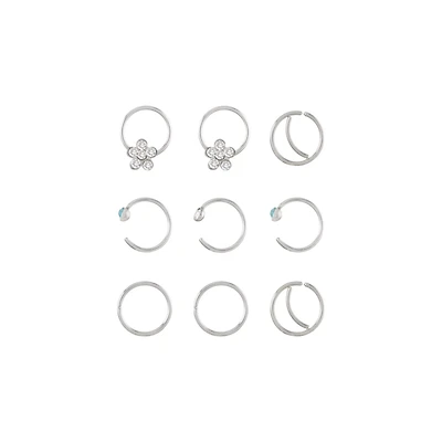 Multi-Pack CZ Silvertone Flower Hoop and Half Hoop Nose Rings 9 Pack - 20 Gauge