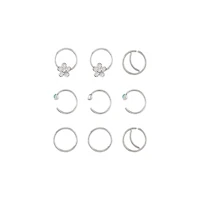 Multi-Pack CZ Silvertone Flower Hoop and Half Hoop Nose Rings 9 Pack - 20 Gauge