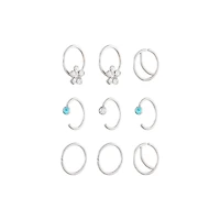 Multi-Pack CZ Silvertone Flower Hoop and Half Hoop Nose Rings 9 Pack - 20 Gauge