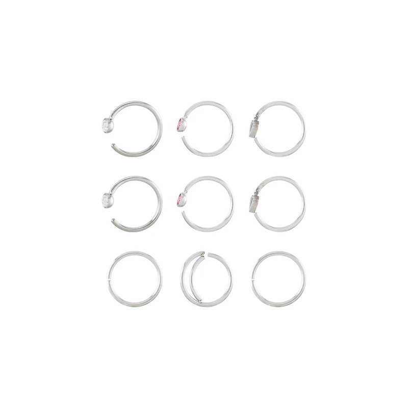 Multi-Pack Pink and Clear CZ Heart Nose Hoops 9 Pack - 20 Gauge