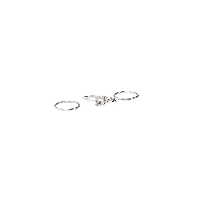 Multi-Pack CZ Aurora Borealis Effect Silvertone Dangle Hoop Nose Rings 3 Pack - 20 Gauge