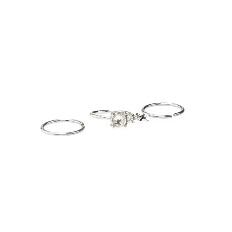 Multi-Pack CZ Aurora Borealis Effect Silvertone Dangle Hoop Nose Rings 3 Pack - 20 Gauge