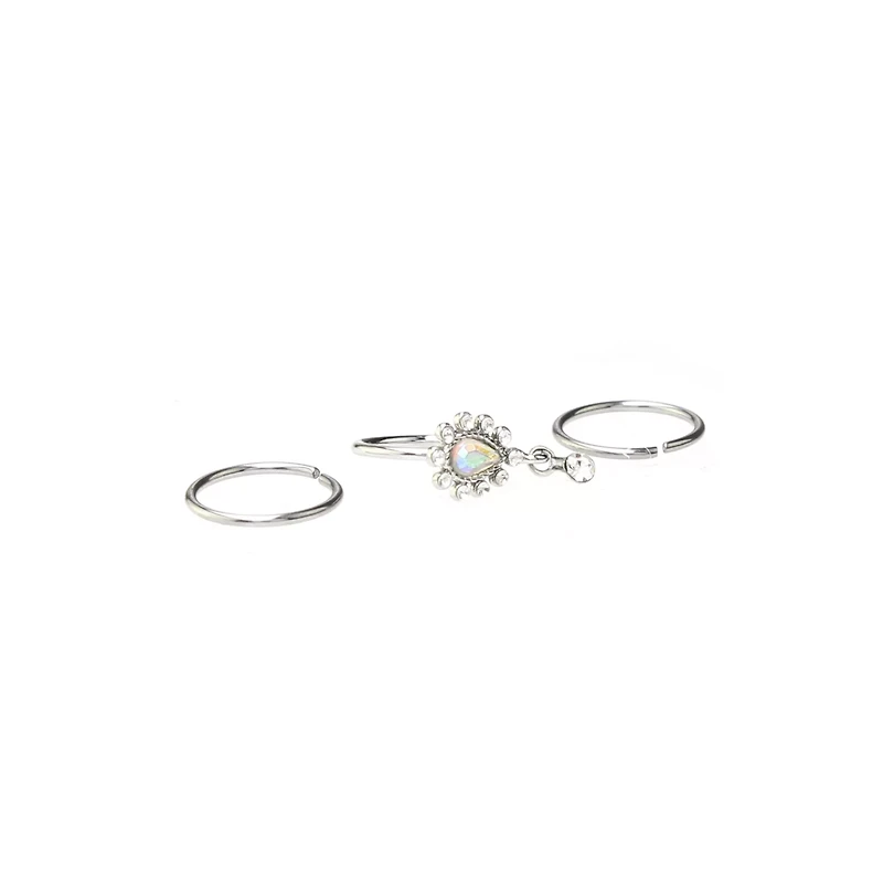 Multi-Pack CZ Aurora Borealis Effect Silvertone Hoop Nose Rings 3 Pack - 20 Gauge
