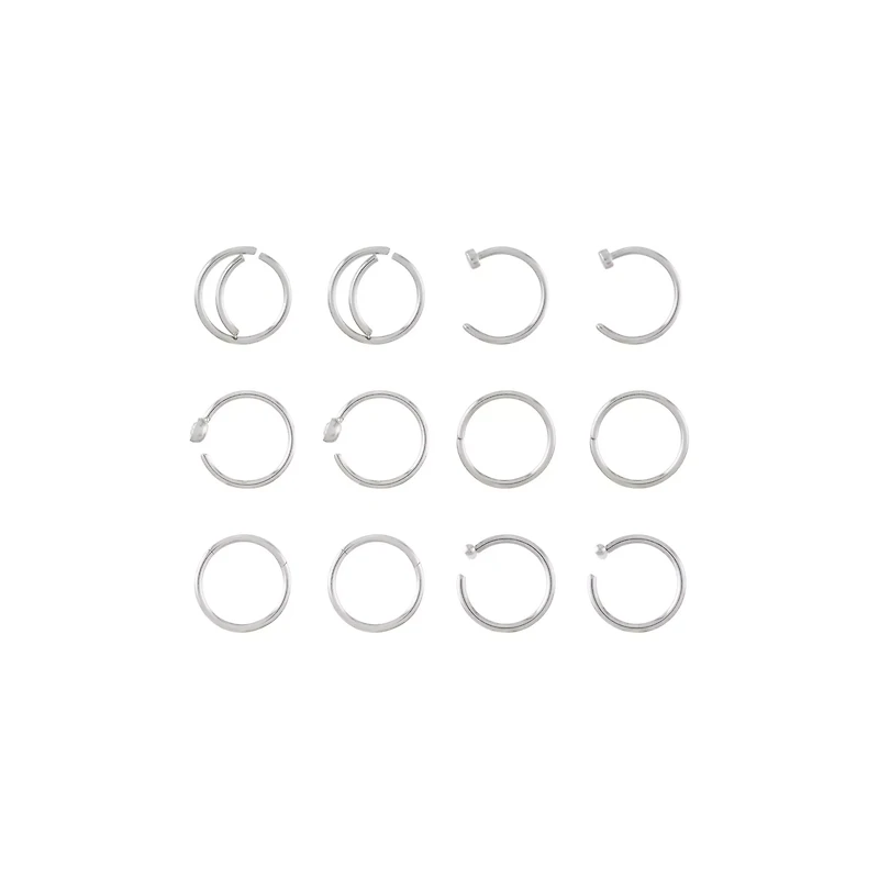 Multi-Pack CZ Silvertone Hoop and Half Hoop Nose Rings 12 Pack - 20 Gauge