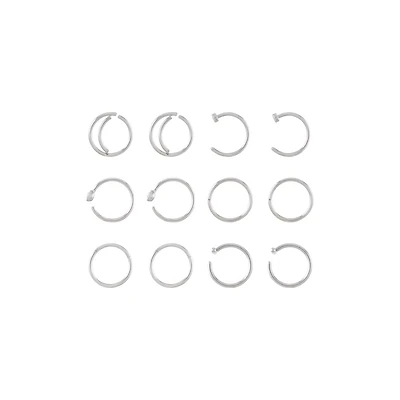 Multi-Pack CZ Silvertone Hoop and Half Hoop Nose Rings 12 Pack - 20 Gauge