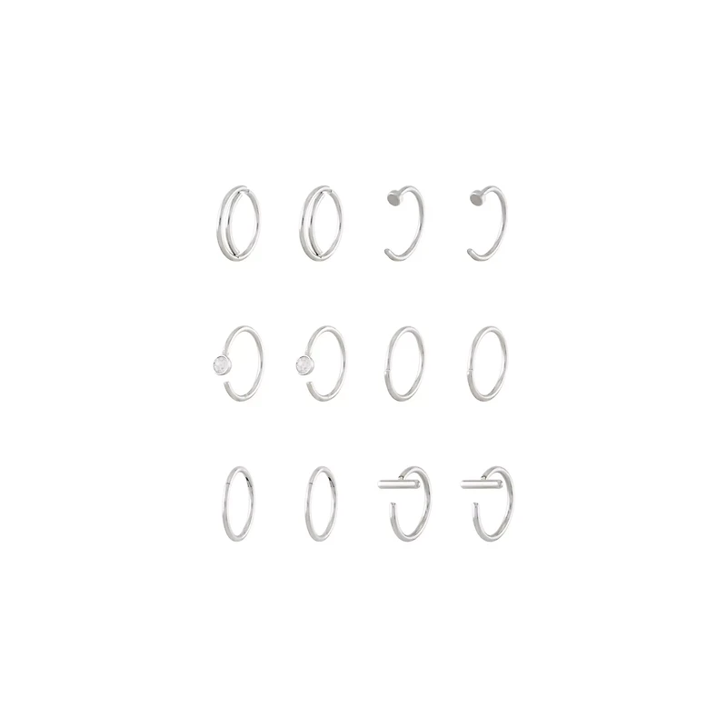 Multi-Pack CZ Silvertone Hoop and Half Hoop Nose Rings 12 Pack - 20 Gauge