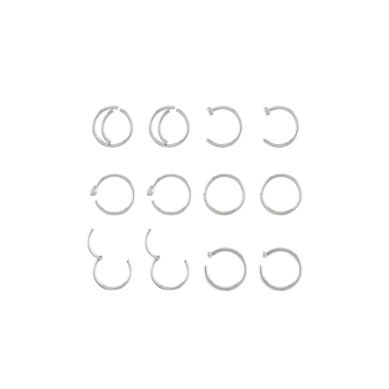 Multi-Pack CZ Silvertone Hoop and Half Hoop Nose Rings 12 Pack - 20 Gauge