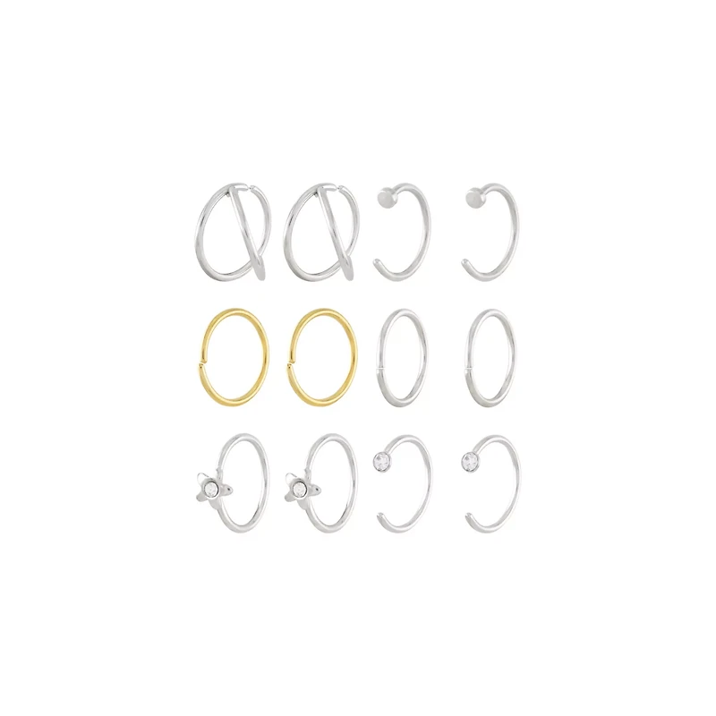 Multi-Pack CZ Flower Silvertone Goldtone Hoop and Half Hoop Nose Rings 12 Pack - 20 Gauge