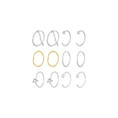 Multi-Pack CZ Flower Silvertone Goldtone Hoop and Half Hoop Nose Rings 12 Pack - 20 Gauge