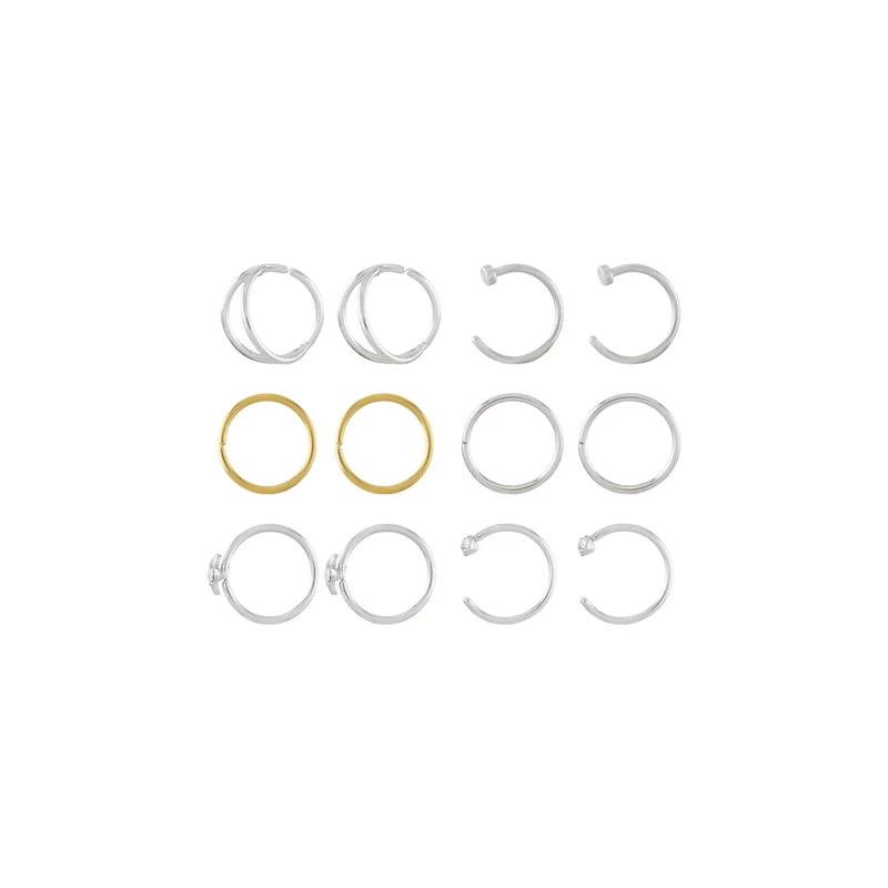 Multi-Pack CZ Flower Silvertone Goldtone Hoop and Half Hoop Nose Rings 12 Pack - 20 Gauge