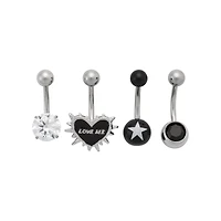 Multi-Pack CZ and Black Love Me Belly Rings 4 Pack - 14 Gauge