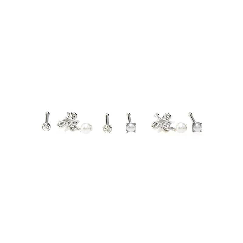 Multi-Pack Silvertone Pearl Effect Pin Nose Rings 6 Pack - 20 Gauge
