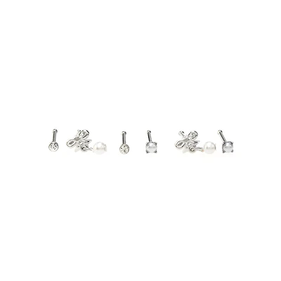 Multi-Pack Silvertone Pearl Effect Pin Nose Rings 6 Pack - 20 Gauge
