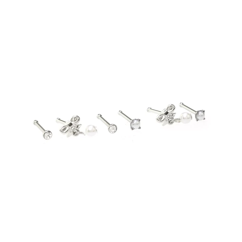 Multi-Pack Silvertone Pearl Effect Pin Nose Rings 6 Pack - 20 Gauge