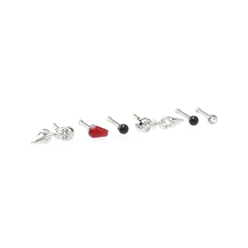 Multi-Pack CZ Skull Coffin Pin Nose Rings 6 Pack - 20 Gauge