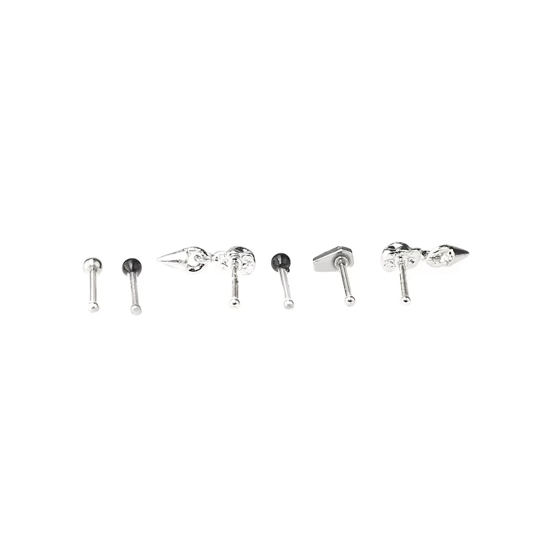 Multi-Pack CZ Skull Coffin Pin Nose Rings 6 Pack - 20 Gauge