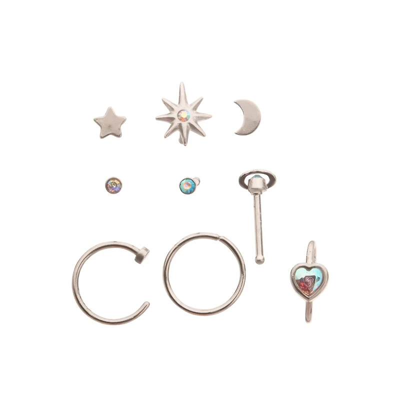 Multi-Pack Celestial CZ Nose Pins and Hoops 9 Pack - 20 Gauge