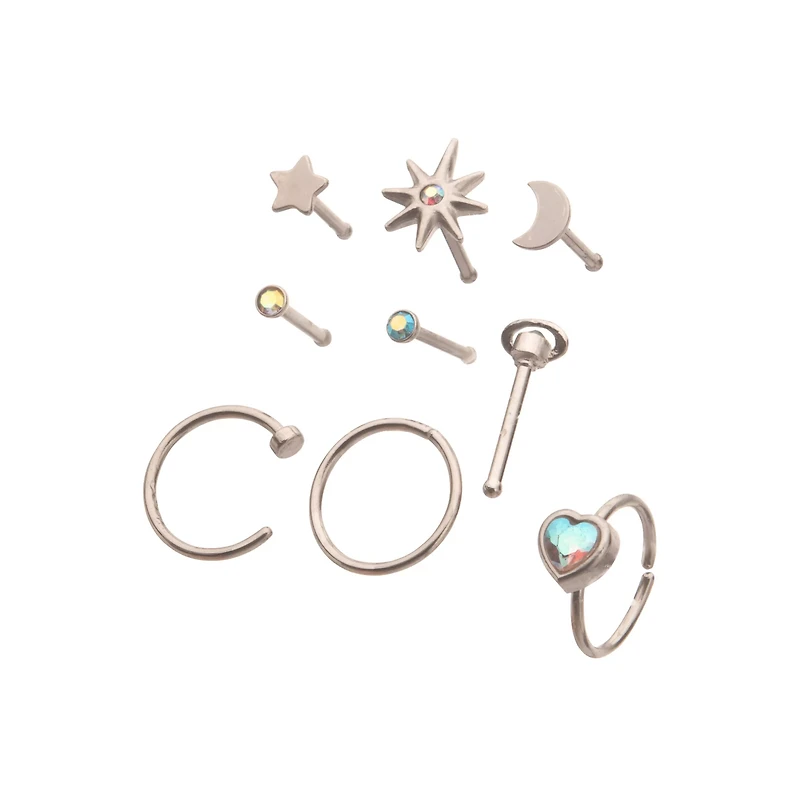 Multi-Pack Celestial CZ Nose Pins and Hoops 9 Pack - 20 Gauge