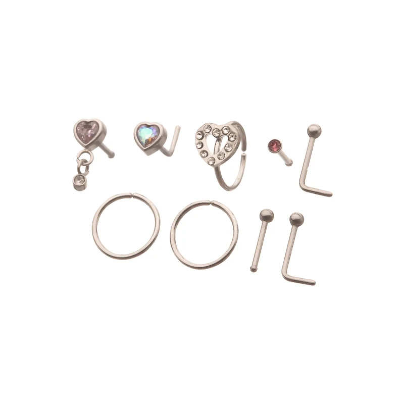 Multi-Pack Pink CZ Heart Nose Pins and Hoops 9 Pack - 20 Gauge