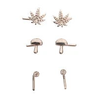 Multi-Pack Silver CZ Mushroom and Leaf L-Bend Nose Pins 3 Pair - 20 Gauge