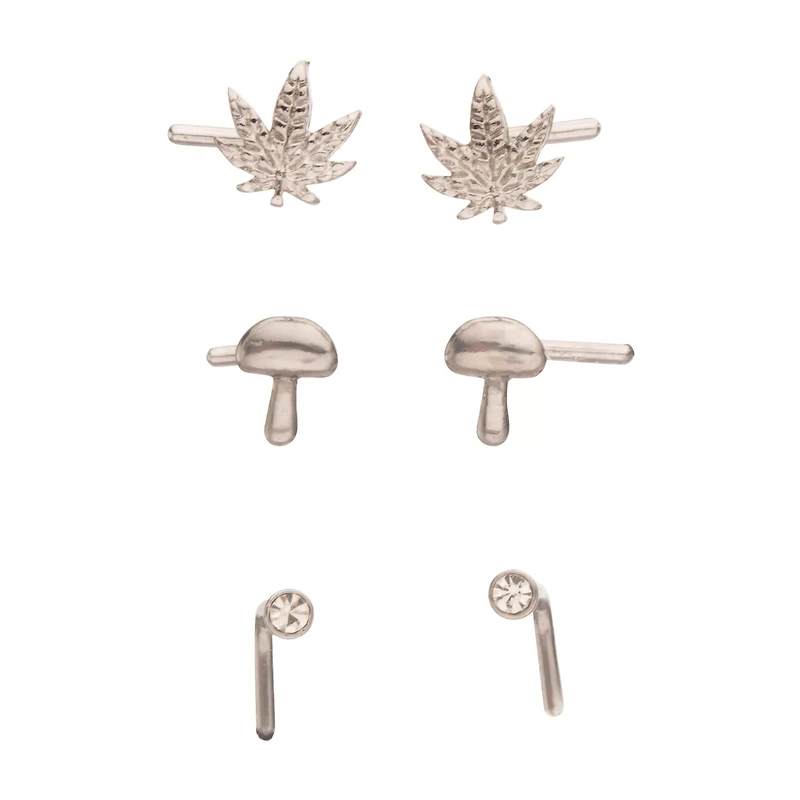 Multi-Pack Silver CZ Mushroom and Leaf L-Bend Nose Pins 3 Pair - 20 Gauge