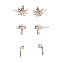 Multi-Pack Silver CZ Mushroom and Leaf L-Bend Nose Pins 3 Pair - 20 Gauge