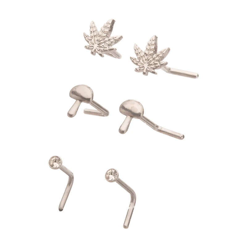 Multi-Pack Silver CZ Mushroom and Leaf L-Bend Nose Pins 3 Pair - 20 Gauge