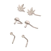 Multi-Pack Silver CZ Mushroom and Leaf L-Bend Nose Pins 3 Pair - 20 Gauge