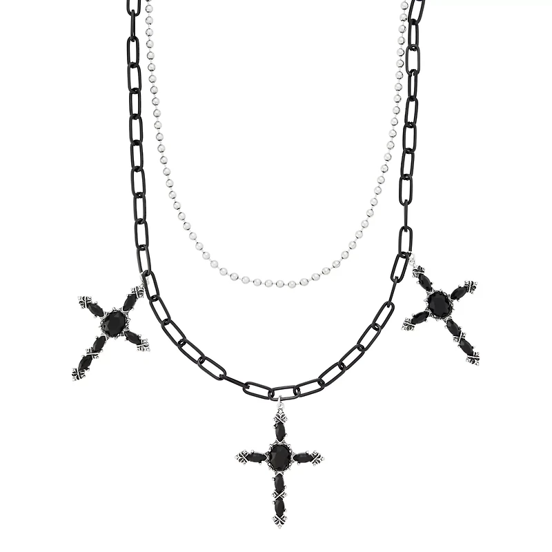 Black and Silver Cross 2-Row Wallet Chain