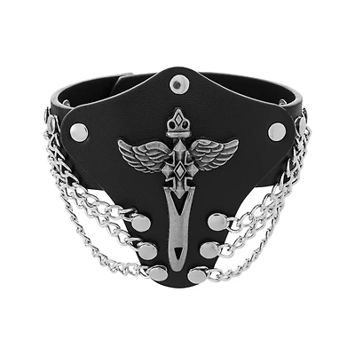 Black and Silvertone Winged Triple Chain Cuff Bracelet