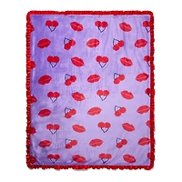 Purple Cherry Kiss Print Reversible Ruffle Fleece Blanket