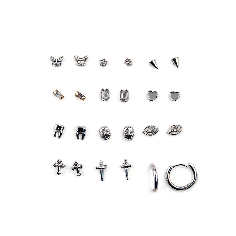 Multi-Pack Gothic Rebel Silvertone Stud and Hoop Earrings - 12 Pair